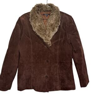Vintage Brown Suede Button Up XL Jacket Detachable Faux Fur Collar